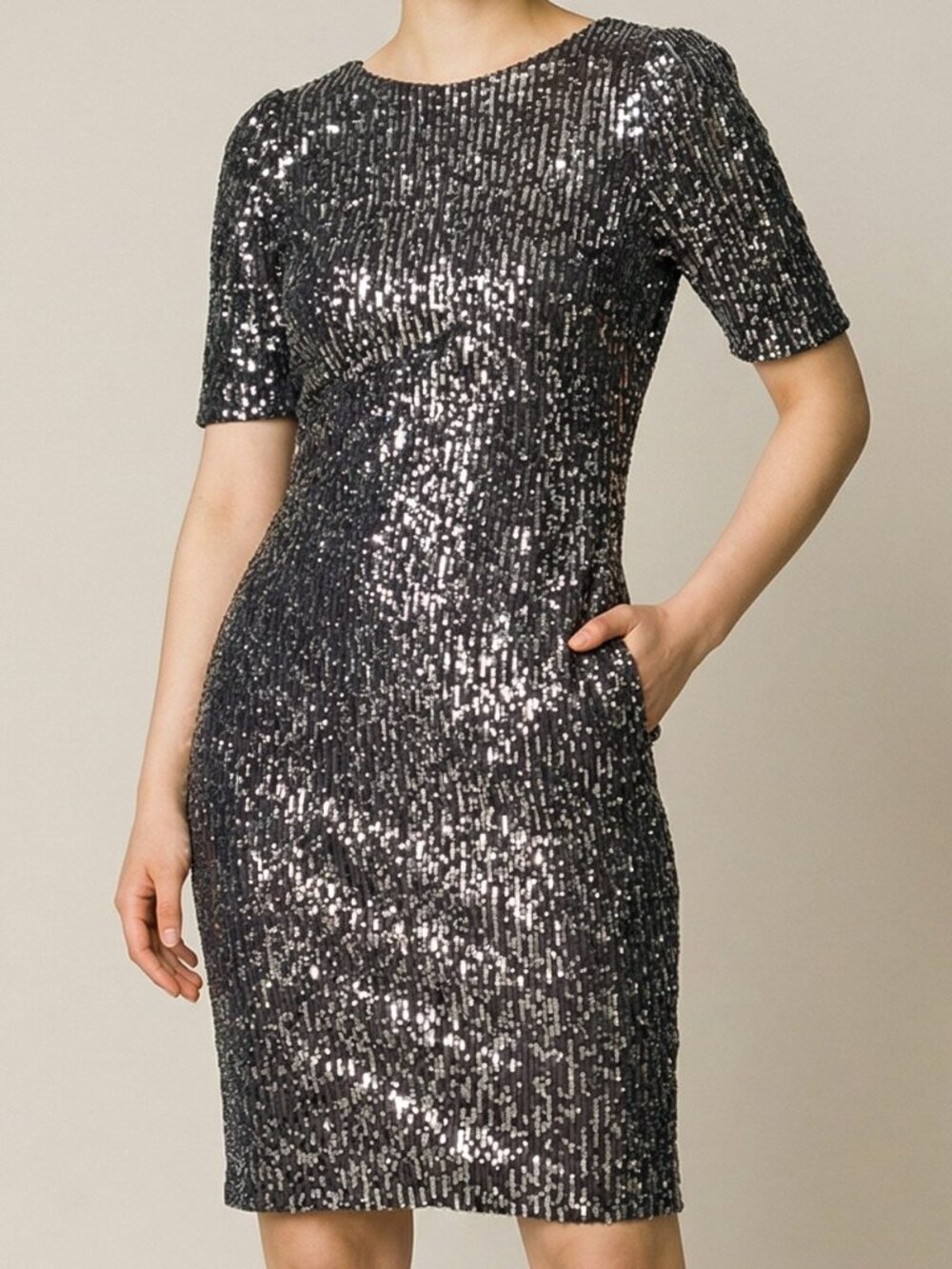 Calvin Klein Women Dress Size 6 Black Silver Sequin V-Neck Short Sleeve